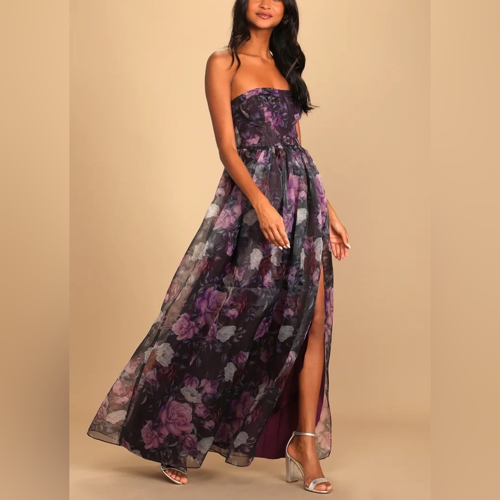 Brand new purple floral print strapless bustier maxi dress
